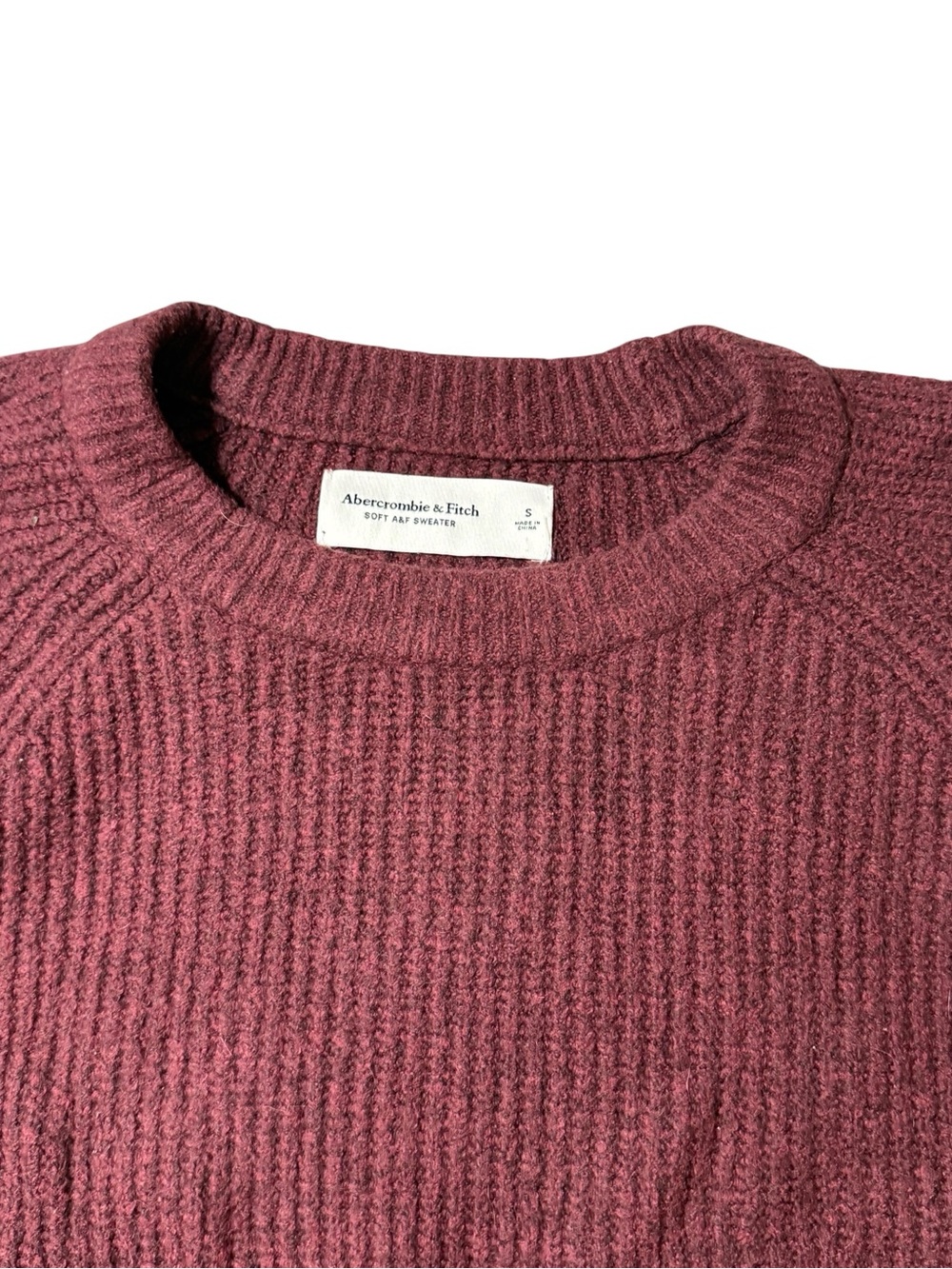 Abercrombie Fitch Mens Small Ribbed Crewneck Sweater Burgundy Maroon Raglan Knit - Picture 2 of 4